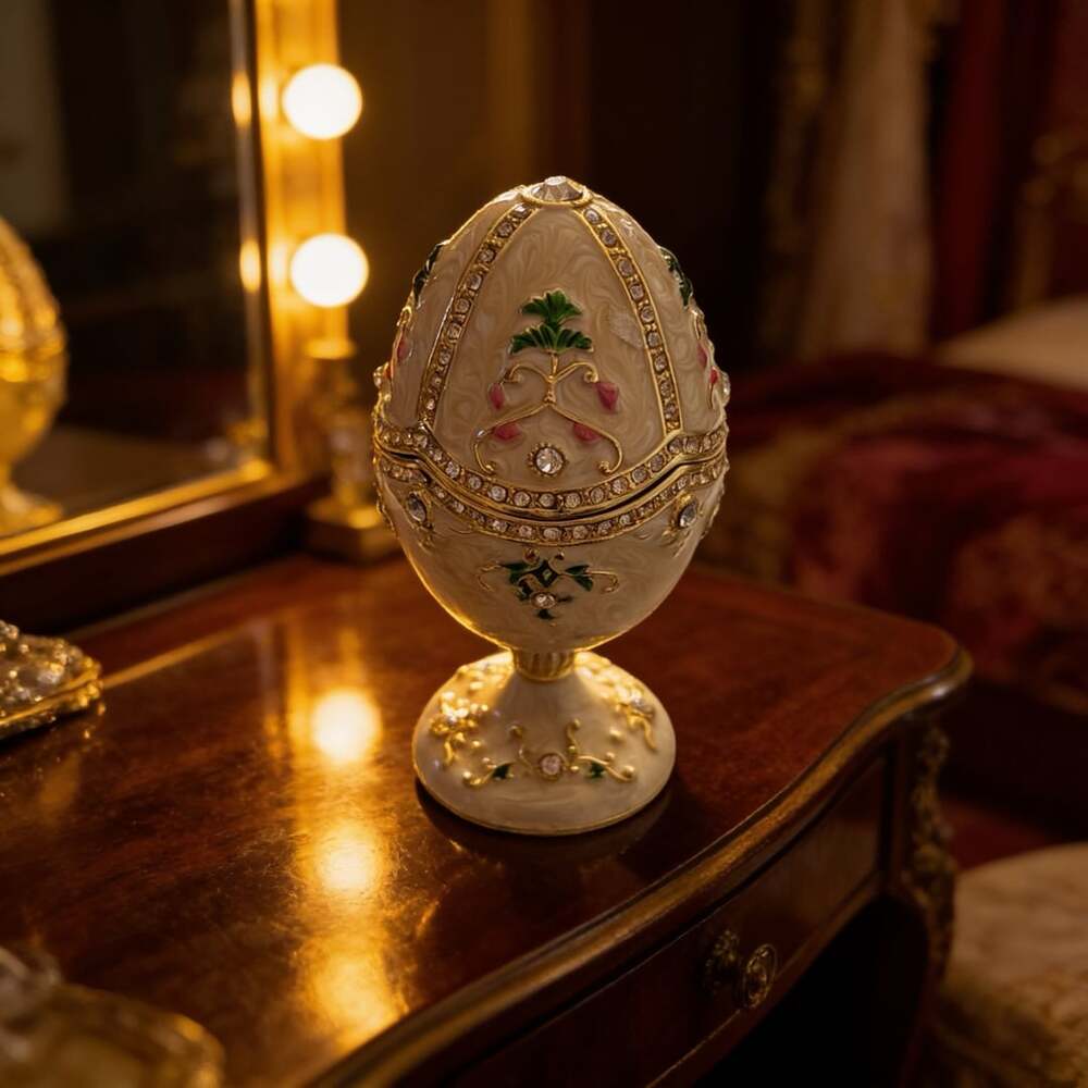 Vintage Bejeweled Floral Enamel Egg Hinged Trinket Box With Stand